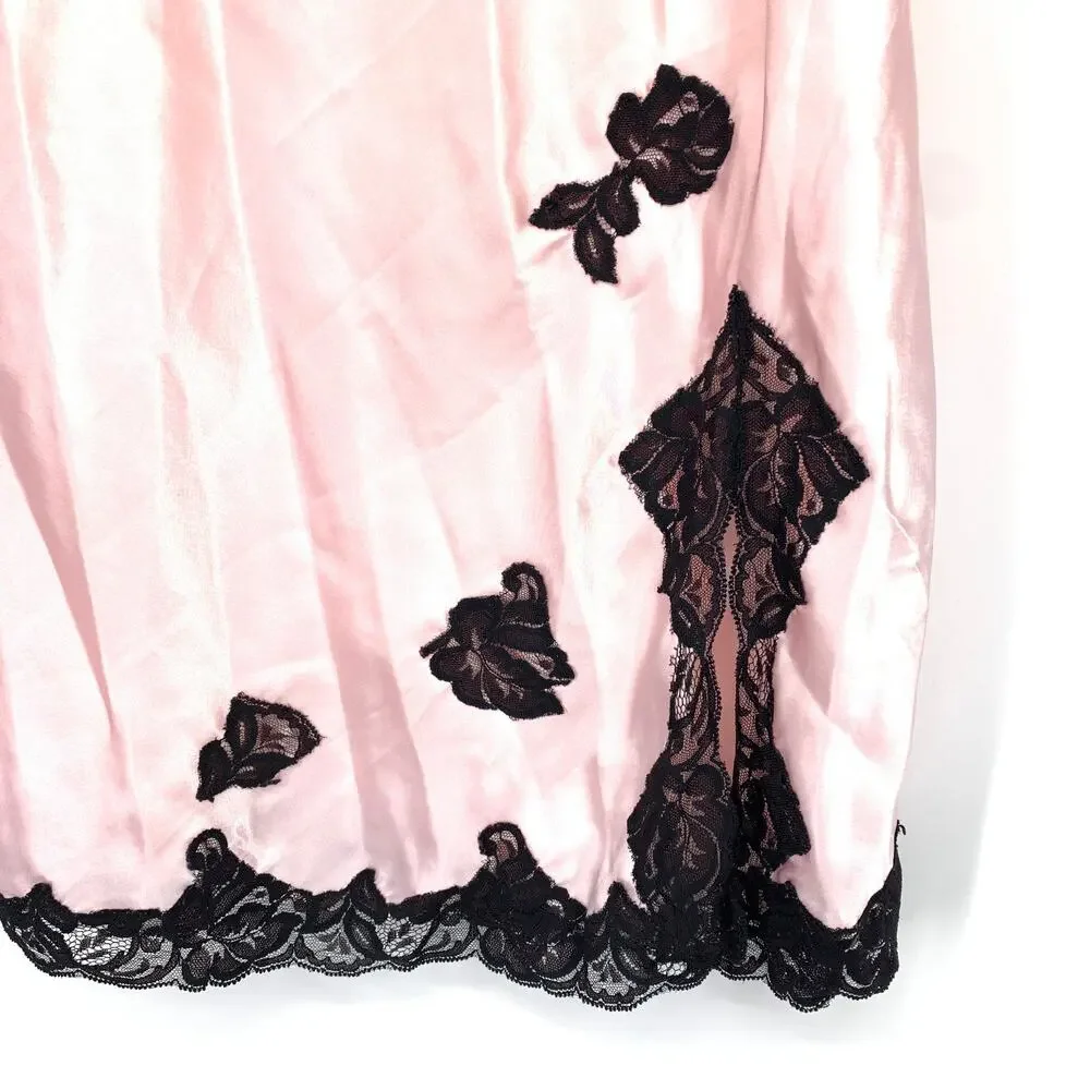Victorias Secret Slip Nightgown Dress Womens Size XL Pink Satin Black Lace